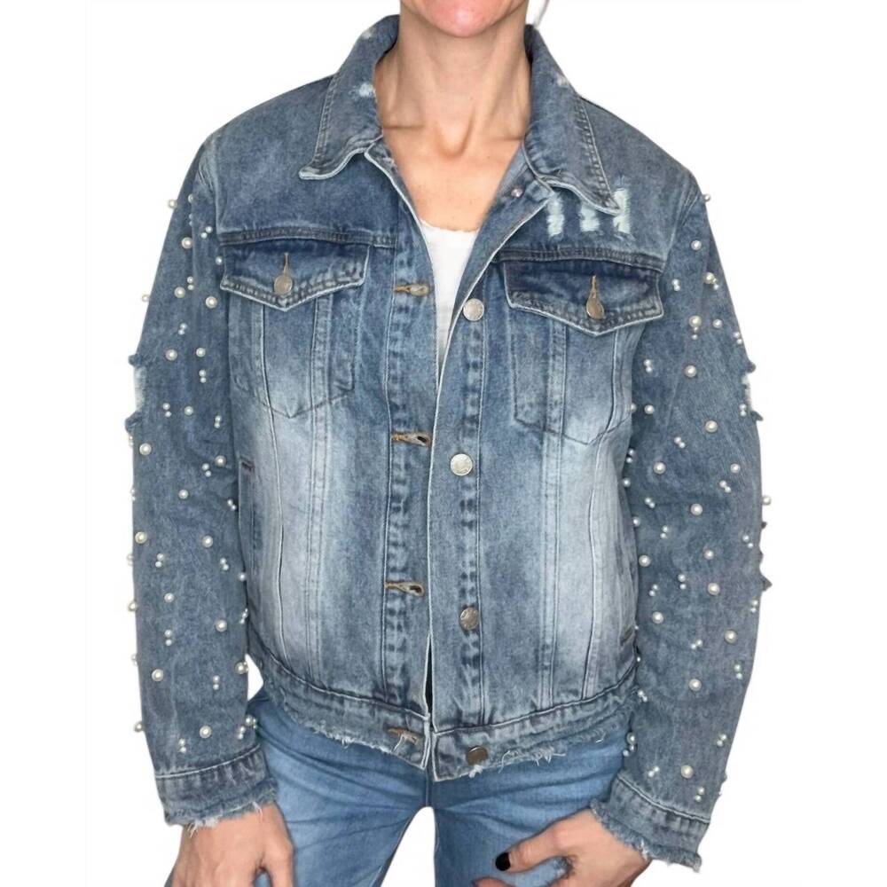 NEW VOCAL APPAREL pearlesque pearl denim jacket in blue